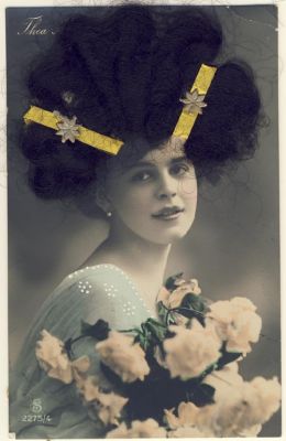 Real hair card - Woman with flowers and updo
