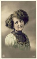 Woman with high-necked dress and curly hair