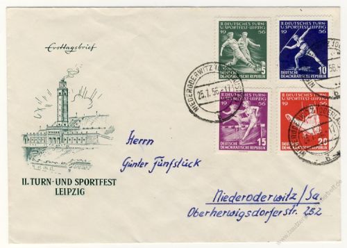 DDR 1956 FDC Mi-Nr. 530-533 ESt. Deutsches Turn- und Sportfest