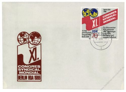 DDR 1986 FDC Mi-Nr. 3049 (ZD) ESt. Weltgewerkschaftskongress