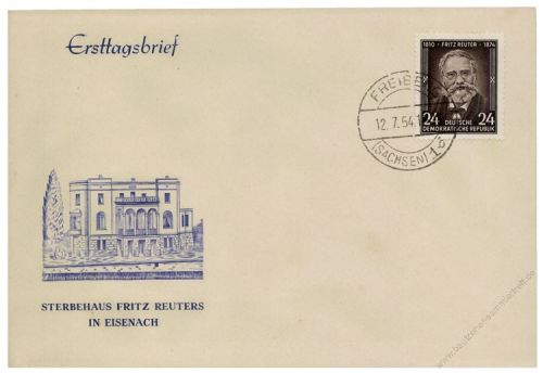 DDR 1954 FDC Mi-Nr. 430 ESt. 80. Todestag von Fritz Reuter