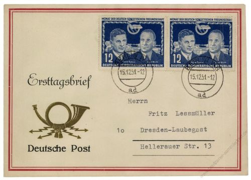 DDR 1951 FDC Mi-Nr. 296 ESt. Deutsch-sowjetische Freundschaft