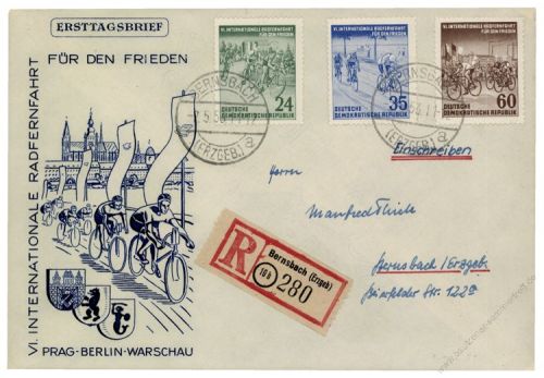 DDR 1953 FDC Mi-Nr. 355-357 ESt. Internationale Radfernfahrt fr den Frieden