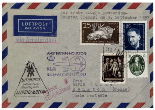 DDR 1957 Erstflug Amsterdam-Houston, Zubringer Messeflug Leipzig-Moskau - Mi-Nr. 555, 575, 586, 594 MiF - Leipziger Herbstmesse