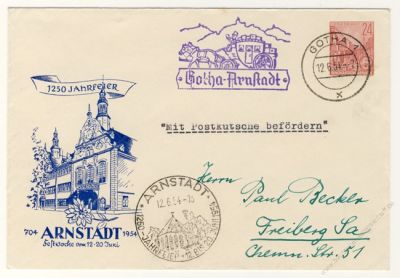 DDR Nr. PU012 D2/001 o 1250 Jahrfeier Arnstadt - mit Postkutsche befrdert