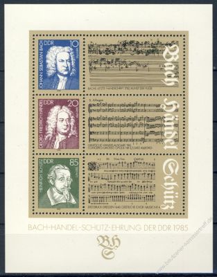 DDR 1985 Mi-Nr. 2931-2933 (Block 81) ** 300. Geburtstag von Bach, Händel; 400. Geburtstag von Schütz