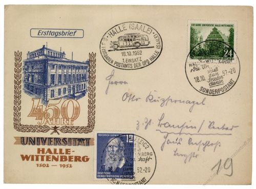 DDR 1952 FDC Mi-Nr. 318 SSt. 450 Jahre Universität Halle-Wittenberg - Fahrbares Postamt