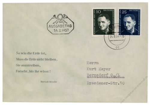 DDR 1957 FDC Mi-Nr. 593-594 ESt. 1. Todestag von Bertolt Brecht