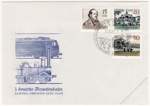 DDR 1989 FDC Mi-Nr. 3238-3240 SSt. 150. Jahrestag der Inbetriebnahme der Ferneisenbahn Dresden-Leipzig; 200. Geburtstag von Friedrich List